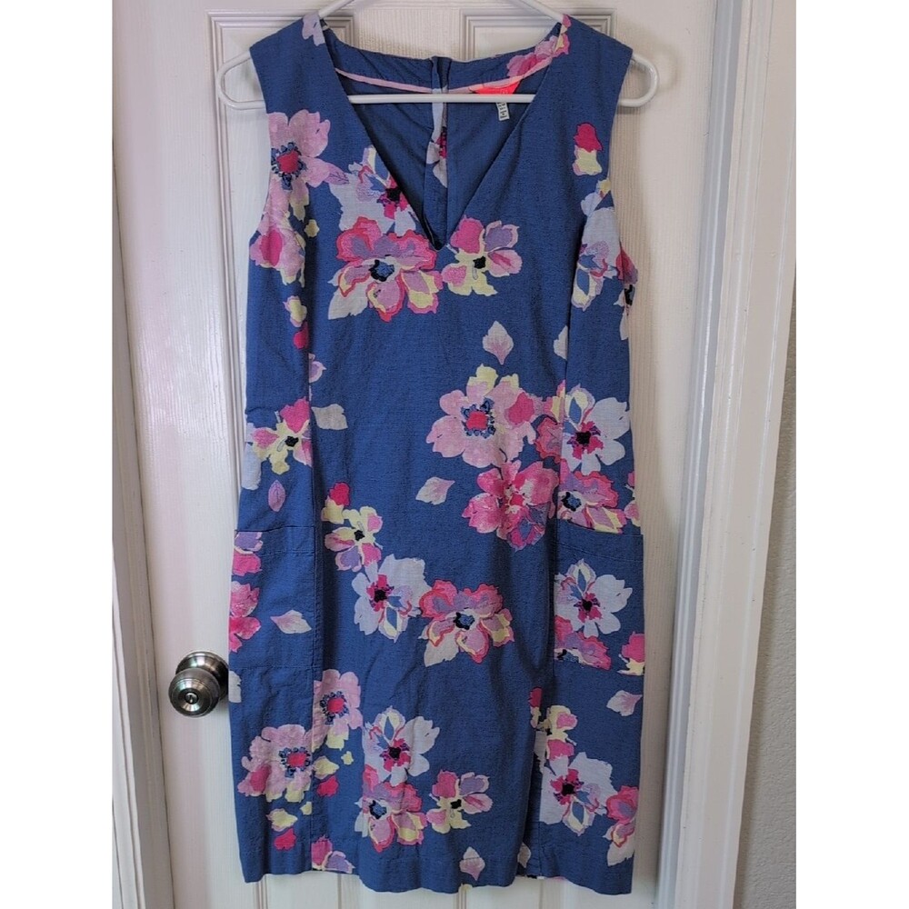 Joules Blue Floral V‑Neck Midi Dress with Pink and Yellow Blooms Size 6